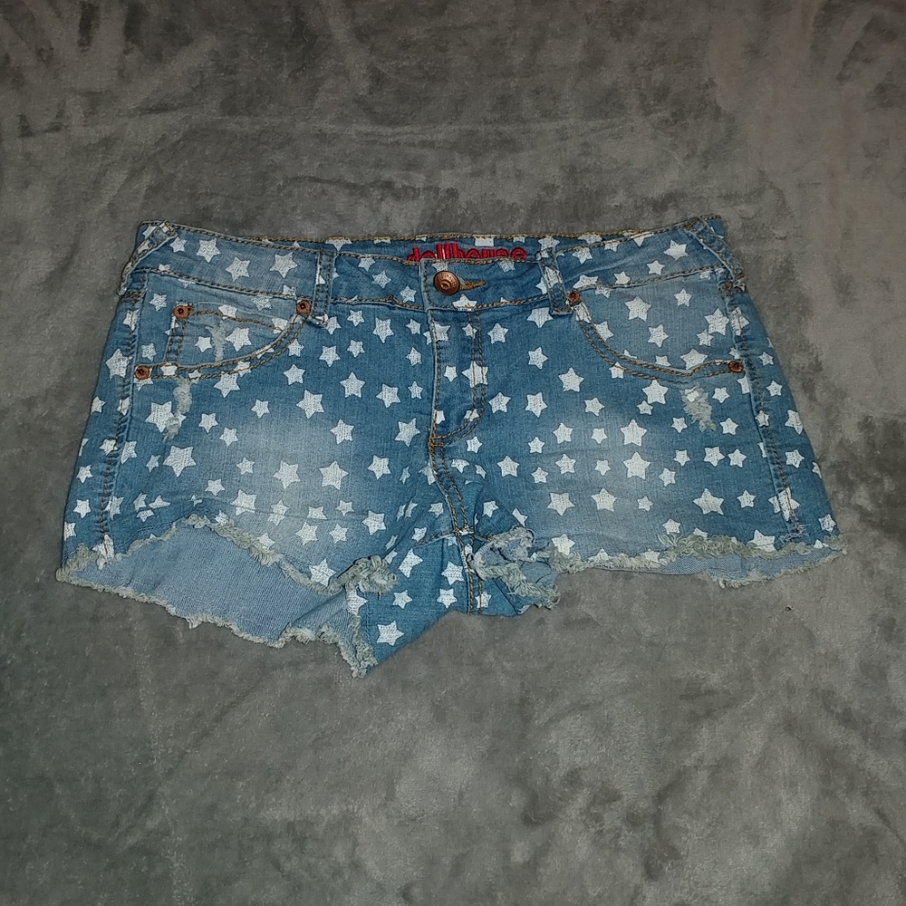 Star print denim shorts